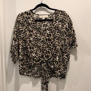 Leopard V-Neck Button-Down Linen Blouse